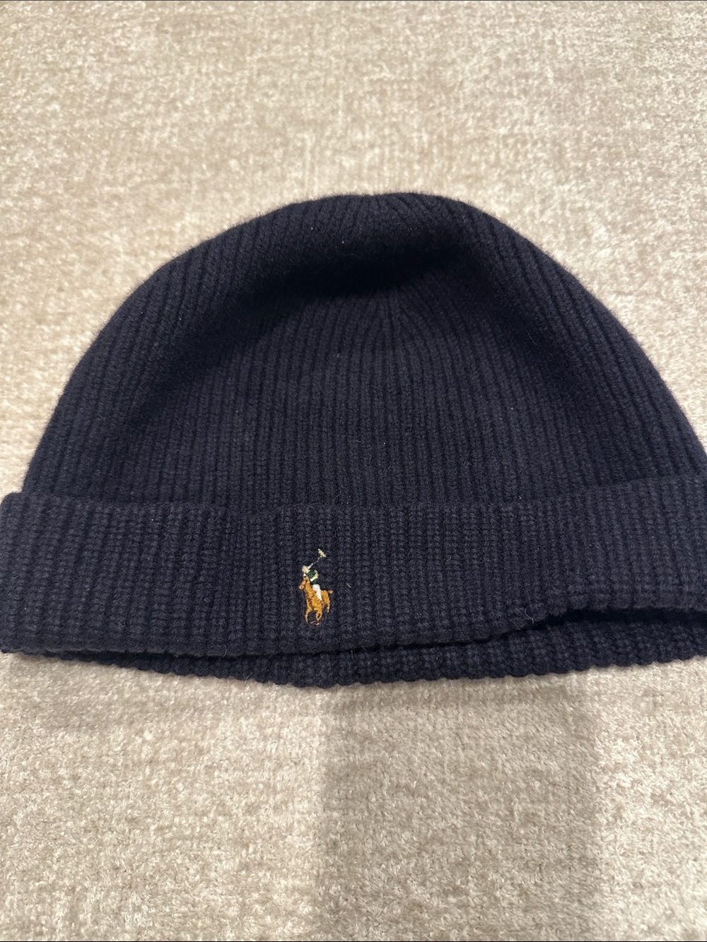 Ralph Lauren Navy Ribbed Knit Beanie with Polo Player Embroidery - Picture 1 of 3